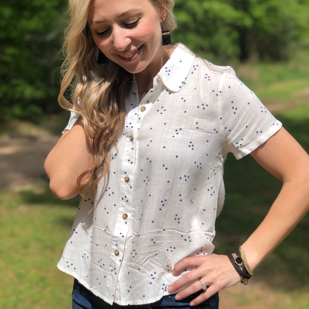 Button Up Top With Back Detail Overlay Ivory Navy